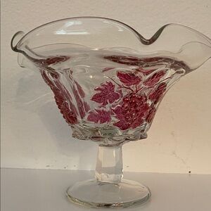 Westmoreland Glass Pedestal Bowl with Red Floral and Grape Accents